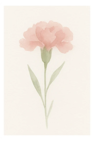 watercolor illustration of a carnation flower, soft pink and green, gentle brushstrokes sticker