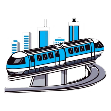 Futuristic monorail train curving above a cityscape with tall buildings sticker