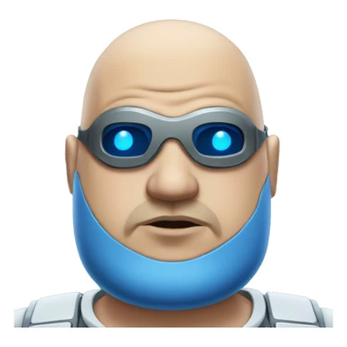 Fat bald cyborg head with tan skin, blue beard, blue goggles and circuits sticker