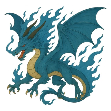 Show this fiery blue dragon with large wings in a dynamic flying pose, keep the style. sticker