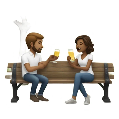 couple with white skin people and brown hair, sitting closely on a park bench, enjoying a romantic moment. One person is holding a croissant, and the other is holding a glass of Prosecco.  sticker