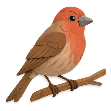 close-up of a house finch perched on a tree branch, fine paper edges, expressive eye, red and brown plumage sticker