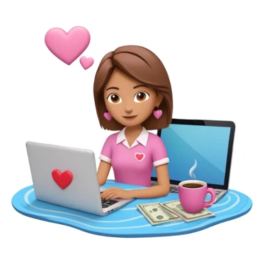 3D clay character relaxed with laptop and coffee, floating icons (envelope, heart, dollar), colofrful outfit, pink (#FF6B9D) floating icons, white laptop, Pixar style, transparent background sticker