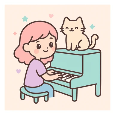 woman playing piano while her cat sits on top of the piano sticker