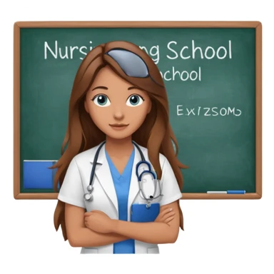 inside a classroom at university that says nursing school on the board with a pretty female nursing student with long brown hair, blue eyes sticker