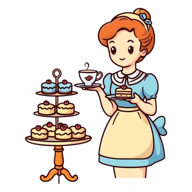 Charming British girl in vintage dress having afternoon tea with fancy teacup, scones and cake stand sticker