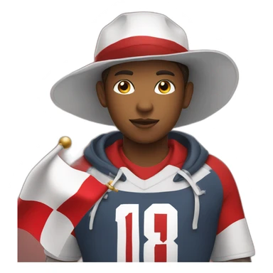A 13-year-old boy with a big body, wearing a red white hat and holding a red white flag. He likes football very much. sticker