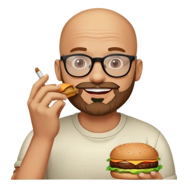 Happy bald man with beard and glasses eating a burger and smoking weed sticker