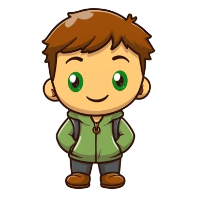 Rudeus Greyrat smiling warmly, green eyes, short brown hair, wearing travel clothes, friendly and kind expression sticker