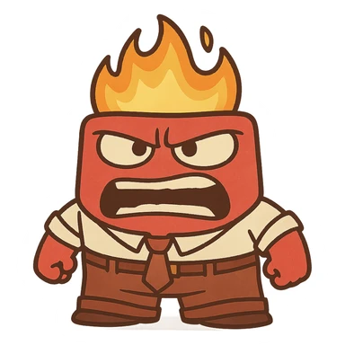 Anger character, red, short and square, white shirt, brown pants, flames for hair, expressive cartoon sticker