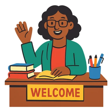 teacher at desk, welcoming, approachable sticker