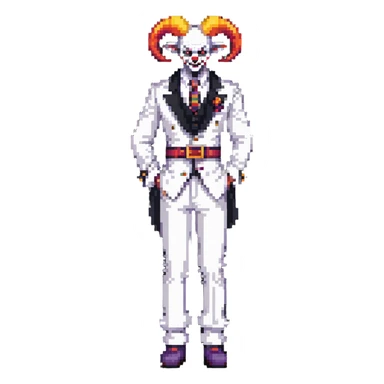 full-body demonic clown in a white leisure suit with bellbottom pants, bald, with black ram horns, flashy belt, ruffled shirt, no neck tie sticker
