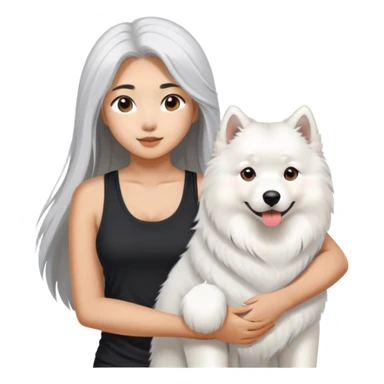  asiatic girl in the black tank top with long gray  hair and a samoyed sticker