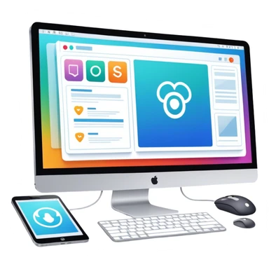 Modern icon for Web Design: computer screen with a website layout, design tools like a mouse and a stilus, web elements such as icons and wireframes. Transparent background. sticker
