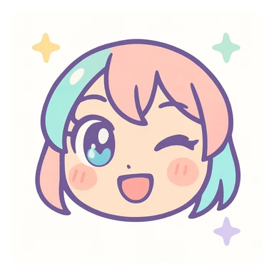 anime themed emoji, winking face, blushing cheeks, playful expression, pastel colors sticker