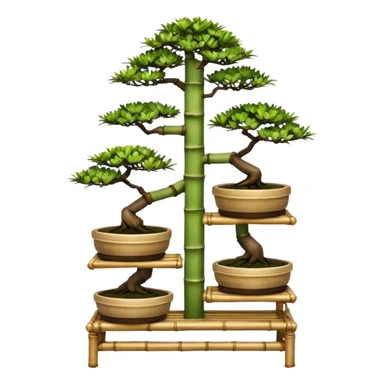 Three tiered bonsai planters stand, shelving holding six specimens,frame made of one inch thick bamboo  sticker