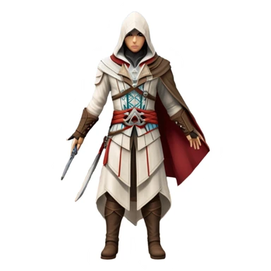 icon featuring Assasin's Creed in an iconic assassin's hood, standing tall against the backdrop of Florence. The design captures the essence of adventure, with intricate details of historical architecture and a sense of mystery. The character is poised, ready for action. transparent background. sticker