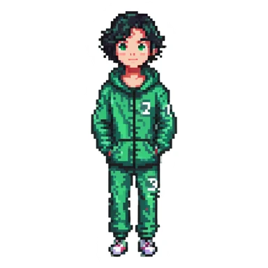 male character in a green Squid Game tracksuit with number 333, smirking, sharp black eyes, messy short black hair, slight stubble, flipping a coin, mysterious and strategic expression, pixel art style sticker