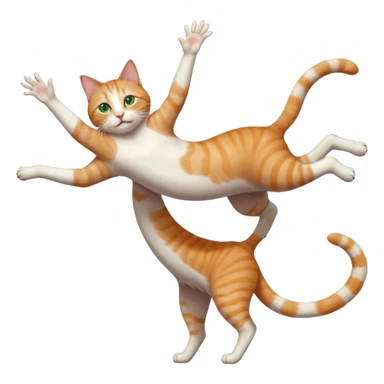 ginger and white cat with green eyes doing a big extremely long stretch reaching up into the air with arms and legs side by side together straight and overextended whilst lying on its side sticker