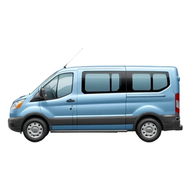 light blue Ford Transit passenger wagon, side profile facing right, small sticker
