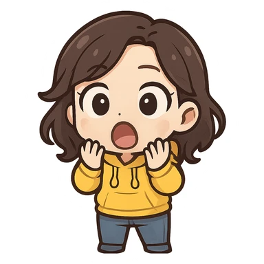 chibi emote of a woman in a yellow hoodie and jeans, surprised shocked expression, no headband, no sparkles, no wand, transparent background sticker
