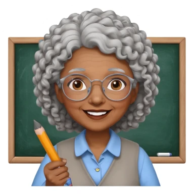 old woman teacher, brown skin, curly grey white hai, wearing glasses, hold chalk on hand sticker