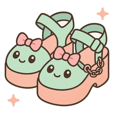 Transform these primarily black kawaii gothic shoes with pink and pastel accents, silver studs and chains, into platform sandals, no socks, no hearts, transparent background sticker