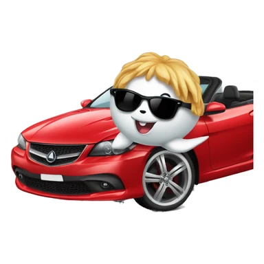 Great white shark with sunglasses driving a convertible red car sticker