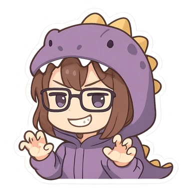 Chibi anime style girl with glasses, brown hair, dark purple eyes, wearing a purple dinosaur costume, smug expression, clawing the air with her hands, showing her teeth, no controller, no background. sticker