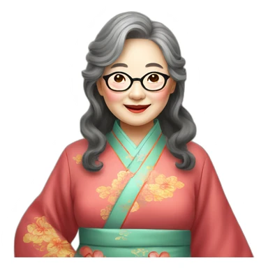 Chinese seniors lady wear glasses has wavy long hair wear Chinese traditional dress show appreciation sign sticker