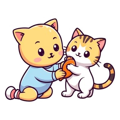 Baby playing with cat sticker