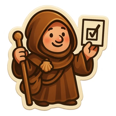 medieval pilgrim holding a voting slip, brown cloak, cute and funny, sticker style sticker
