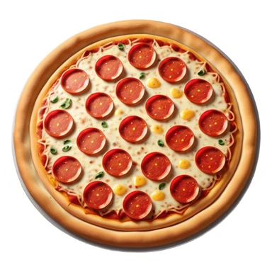 "A whole pepperoni pizza, hyper-realistic, glossy 3D illustration, soft studio lighting, bright red pepperonis, yellow cheese, brown crust, white background, iOS emoji style." sticker