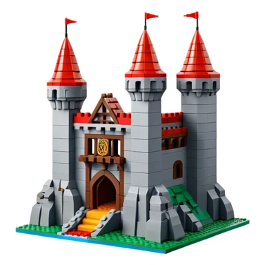 A photorealistic icon featuring a large medieval castle built from LEGO bricks, with detailed textures of the bricks, turrets, and drawbridge. The design captures the creativity and intricacy of LEGO construction with vibrant colors and realistic lighting. Transparent background sticker