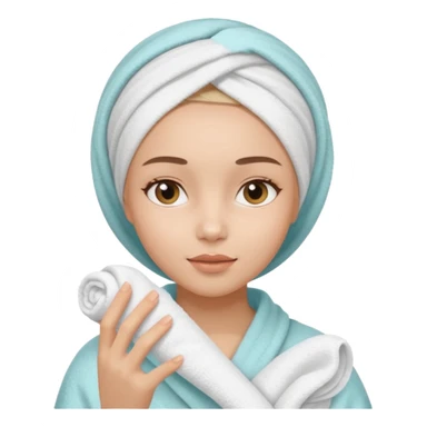 A gril that her head covered with towel and skincare plis hide the hair and this girl shuold be using a skincare product sticker