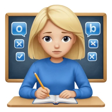blonde girl in a blue sweater with a tired look studies lessons emoji ios 18.1 sticker