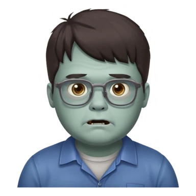 An emoji of a slightly chubby male zombie with dark brown hair and bangs down to his eyebrows, wearing square, bluish glasses. sticker