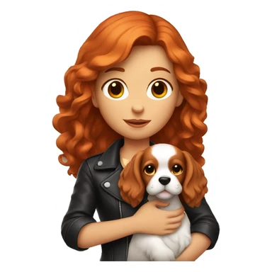 red-haired girl in leather holding a Cavalier puppy sticker