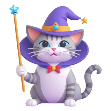 A cat wizard with a pointy hat and a magic wand with a cat companion. sticker