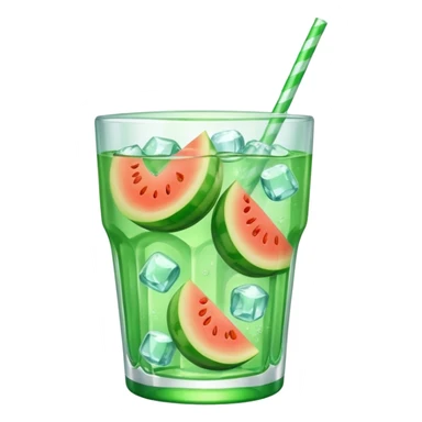 small cup of melon soda with ice cubes, no fruit sticker