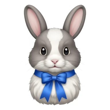 a white and black realistic domestic rabbit with a blue ribbon on its neck sticker