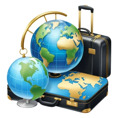 An icon featuring a suitcase, a hotel building, and a globe, symbolizing tourism and hospitality. The design includes a map with a marked destination and a key, representing travel and accommodation. Transparent background highlights the exploration and services of the hospitality industry. sticker
