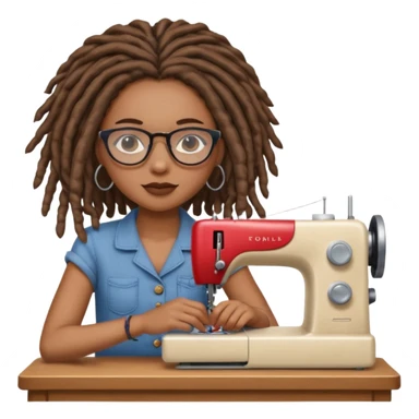 A beautiful African American girl, flawless medium skin tone, glasses, slightly rosey cheeks, natural chin length dread locks, sitting with her sewing machine, still life, 3D rendering, ultra realistic highly detailed, 4k, no emoji icons, no emoji faces. sticker