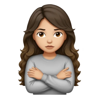 Hispanic light tan girl with long dark wavy hair with arms folded while pouting. Wearing a long sleeve. Hair with middle part. sticker