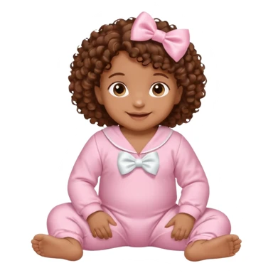 Brown skin 6 month old baby with brown curly hair down laying down smiling with satin baby pink onesie and white bow sticker