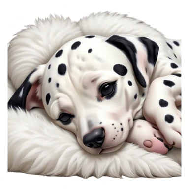 Meme-Worthy Cute Sleeping Spotted Dalmatian Portrait Emoji, Head resting peacefully with a contented smile, showcasing a delightfully majestic build and a luxuriously soft Fur of predominantly white with bold black patches, eyes shut in a serene nap, Simplified yet hilariously adorable features, highly detailed, glowing with a soft, drowsy light, high shine, relaxed and utterly lovable, stylized with an air of playful laziness, bright and heartwarming, soft glowing outline, capturing the essence of a comically sleepy guardian, so meme-worthy it feels like it could instantly become the next viral sensation of adorable slumber! sticker