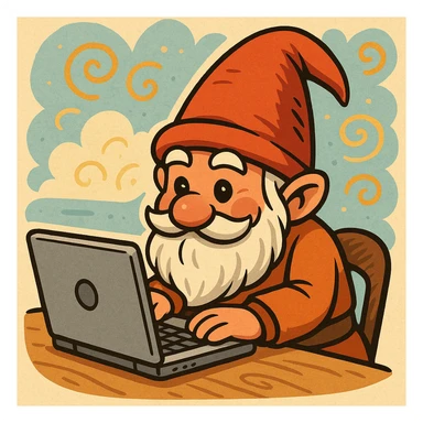 a gnome sitting at a laptop, working diligently, in a whimsical cartoon style sticker