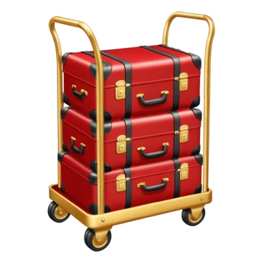 Luggage cart: A polished gold luggage cart with a red carpet base, neatly stacked with suitcases. sticker