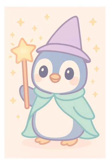a penguin dressed as a wizard, with a pointed hat and a magic staff, in a fun and whimsical style sticker