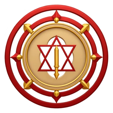 a circular casting sigil inspired by the wizard101 balance school using base color sand and trim color red. A golden scale in the middle as a focus  sticker